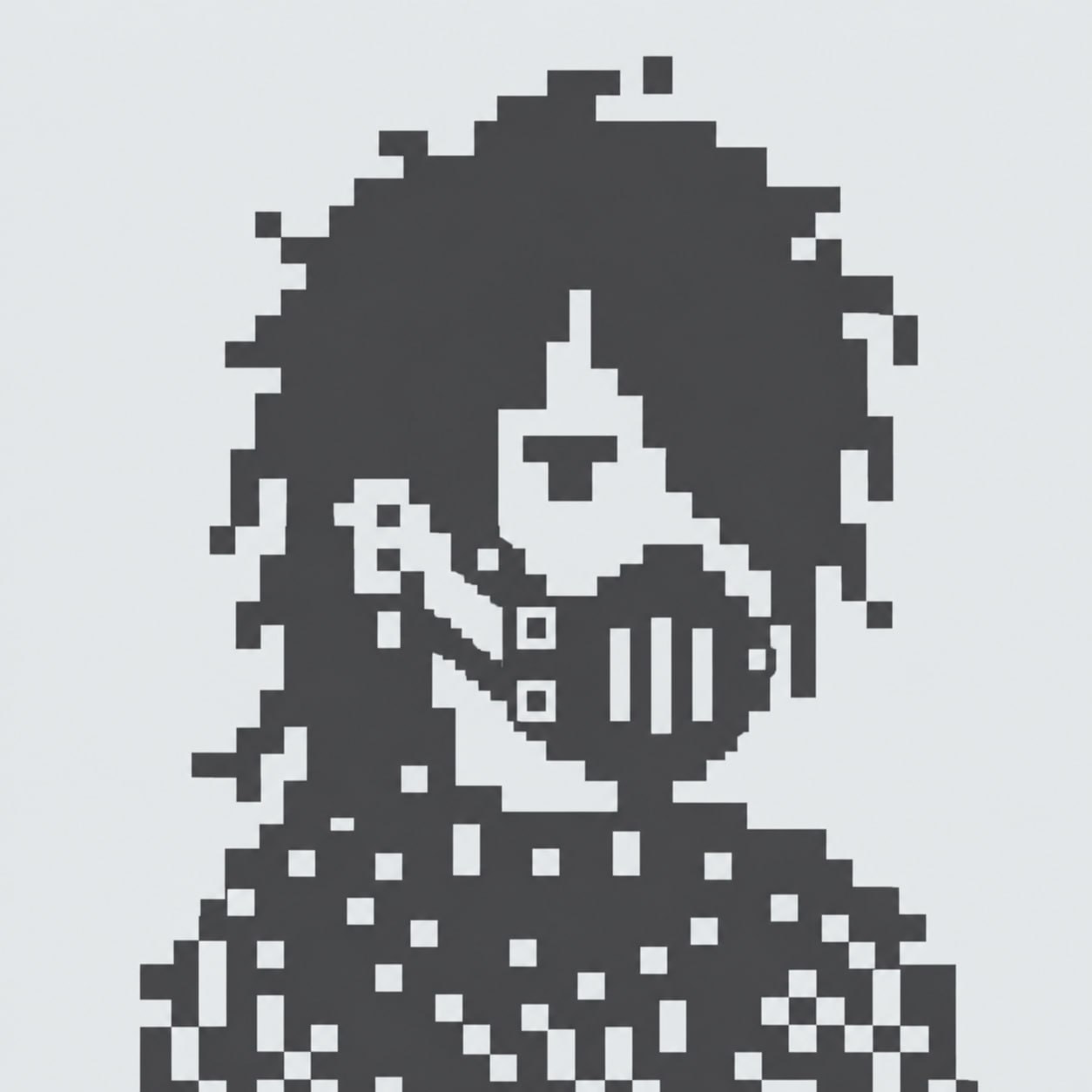 Maskie with long hair and a strapped face mask